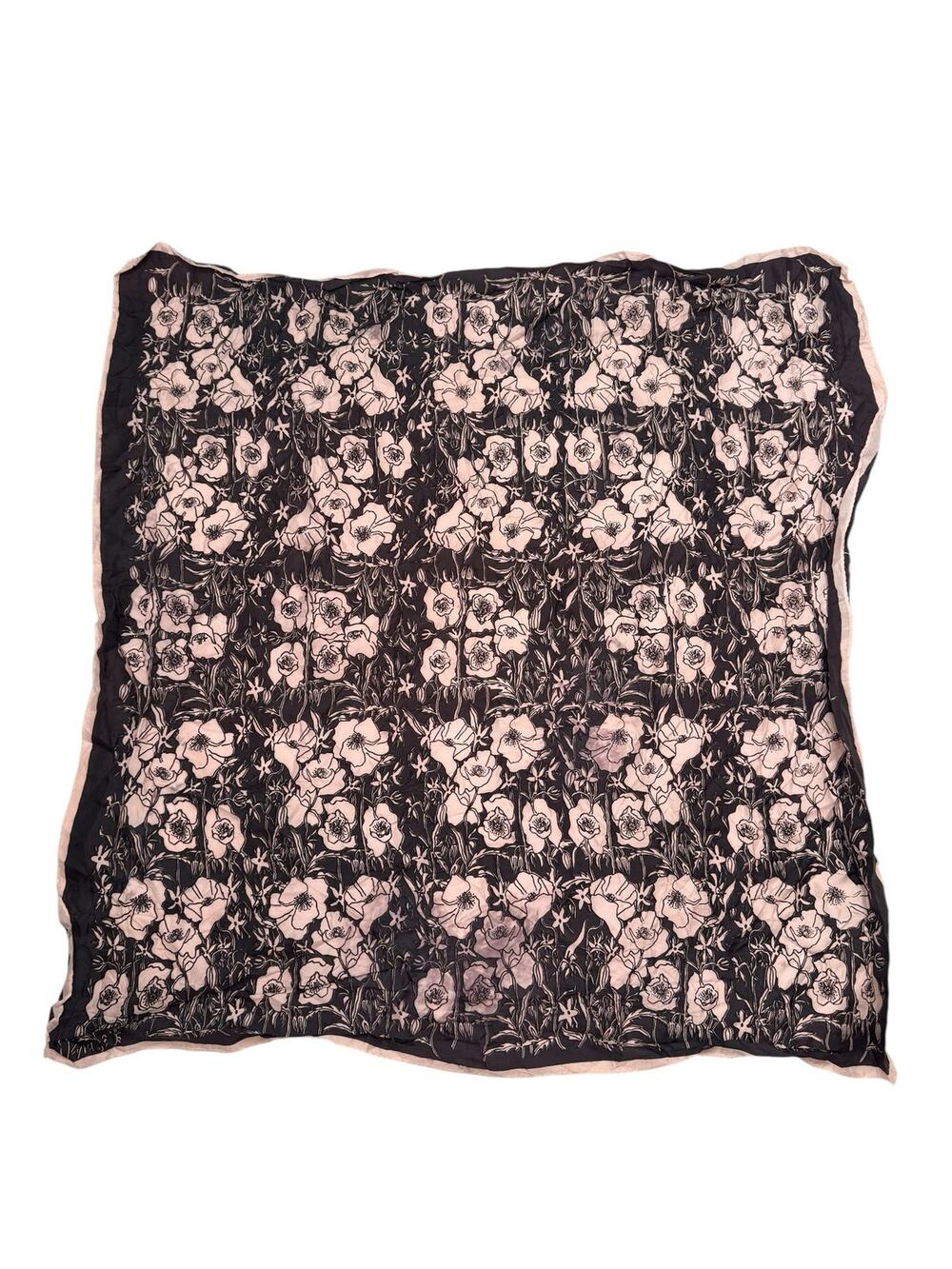 VERA NEUMANN Black & White Floral Square Scarf Flowers Leaves